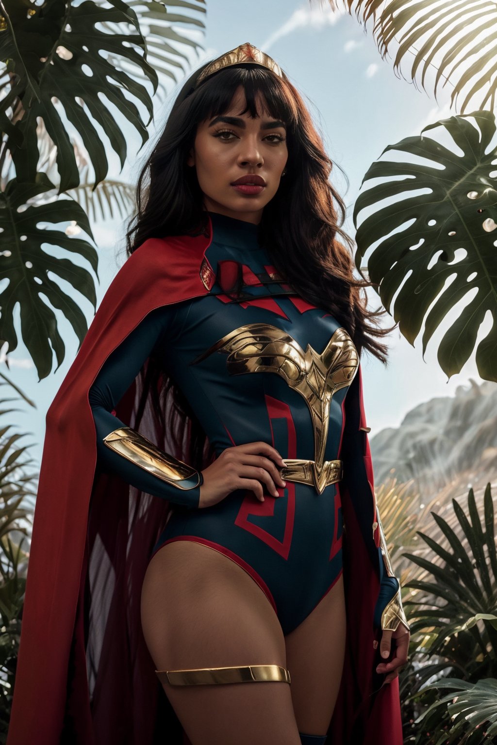 HDR, 8K resolution, intricate detail, sophisticated detail, depth of field, photorealistic, sharp focus, medium portrait of Yara_Flor, 1girl, solo, long hair, looking at viewer, black hair, dark skin, cape, holding weapon, armor, leotard, dark-skinned female, lips, tiara, red background, red cape, jungle beach background,