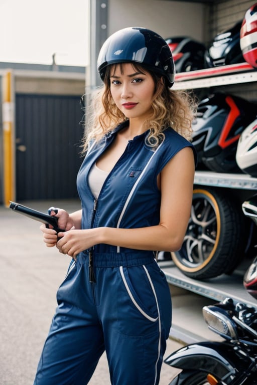 fashion portrait, looking at camera, posing for camera, 1girl, curly bangs, curly hair, long hair, blonde hair, blue eyes, makeup, smirk, sweaty, holding Motorcycle helmet, motorcycle sporty jumpsuit, unzipped, cleavage, Japanese Sporty Motorcycle hot day, outdoors, mechanic shop, garage, volumetric lighting, realistic, blurred background