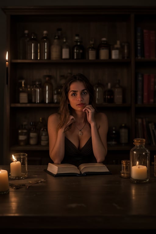 RAW Photo, professional color graded, BREAK portrait photograph of young stunning (woman alchemist:1.2), magical scene, movie set, 1girl, apple, basket, brown hair, short hair, blue eyes, bare shoulders, blurry background, book, bookshelf, bottle, breasts, candlelight, chair, cleavage, depth of field, dark, indoors, jar, jewelry, pendant, pouring, white hair, closed mouth, blurry, candle, bottle, bookshelf, indoors, blurry background, (realistic:1.1), medieval laboratory, sharp focus, HDR, 8K resolution, intricate detail, sophisticated detail, depth of field, analogue RAW, photorealistic, looking at viewer,dark theme