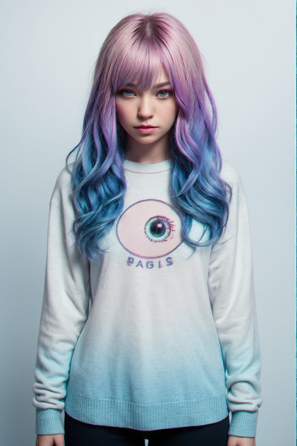 RAW Photo, DSLR, professional color graded, BREAK ((Chromatic aberration)) portrait of 1woman, hourglass-shaped torso, solo, multicolored hair, ((gradient hair), white+(blue)+(pink:0.8) hair//), very long hair, messy hair, bangs, ahoge, ((gradient eyes), pink+light_blue eyes//), slit pupils, glowing eyes, :o, white sweater, best quality