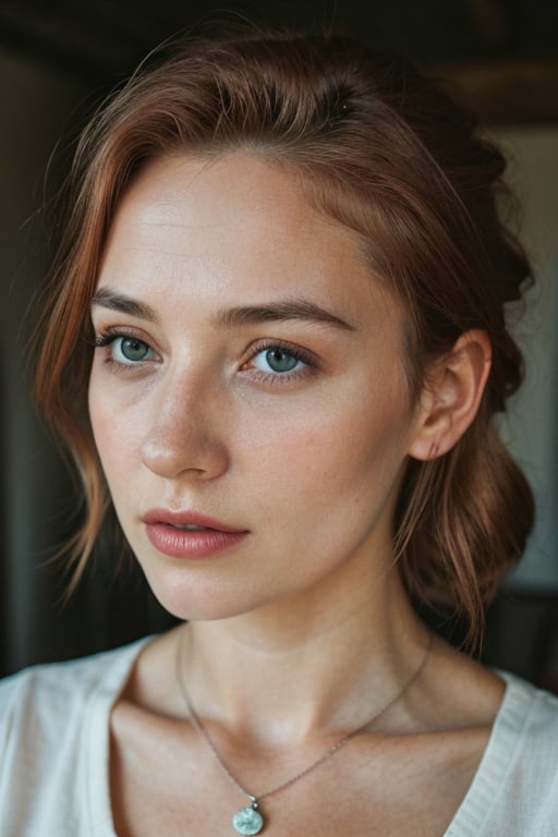 fashion photography portrait of 1girl, redhead, in an countryside cottage, interior, cozy, soft light, rim light, beautiful shadow, low key, (photorealistic, raw photo:1.2), (natural skin texture, realistic eye and face details), hyperrealism, ultra high res, 4K, Best quality, masterpiece, necklace, in the dark