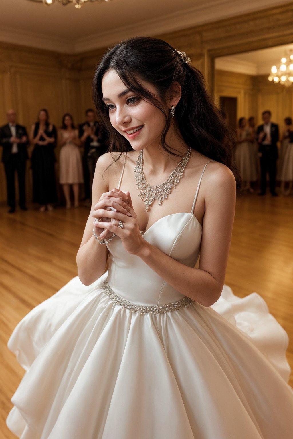 A graceful girl with long black hair and violet eyes is dancing in a ballroom. She is wearing a white gown and a silver necklace. She has a pair of white gloves and a fan in her hands, and she is moving with elegance and poise. She loves music and dance, and she is always graceful and refined. She has a gentle personality and a charming smile. She is polite and courteous, and she impresses everyone with her manners. She likes to dance with different partners and make them feel special. She has a passion for beauty and a sense of style. She is cute and sophisticated, and everyone respects her. She hopes that one day, she will be able to dance with her true love and live happily ever after.