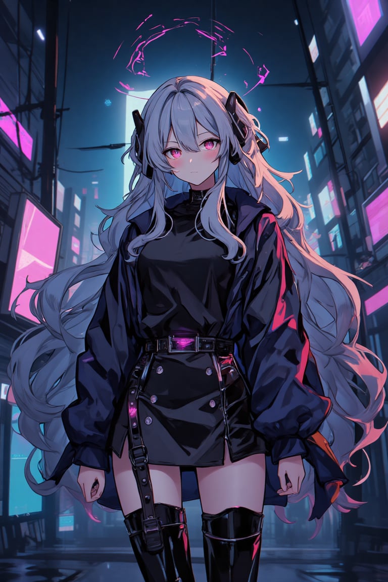 1girl, black plated skirt, boots, full body shot, looking at viewer, shy, blush, at night, cyberpunk city,anime,1girl_Anime,noc-detail,niji