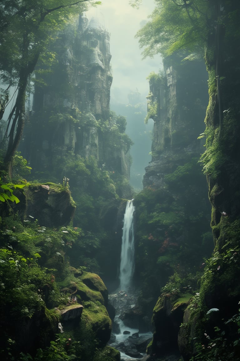 masterpiece, uhd, absurdres, 8K, A majestic castle stands proudly with moss-covered rocks in a lush forest. Towering trees, their trunks adorned with vines and epiphytes, stretch towards the sky as ferns and wildflowers dance in the misty veil. The lighting is soft and mystical, with shafts of sunlight filtering through the canopy above. In the distance, misty mountains rise into the clouds, while the forest floor is carpeted with a tapestry of moss and leaves. The composition is balanced by the waterfall's central axis, drawing the viewer's eye towards the serene atmosphere.,midjourney,noc-futuristic