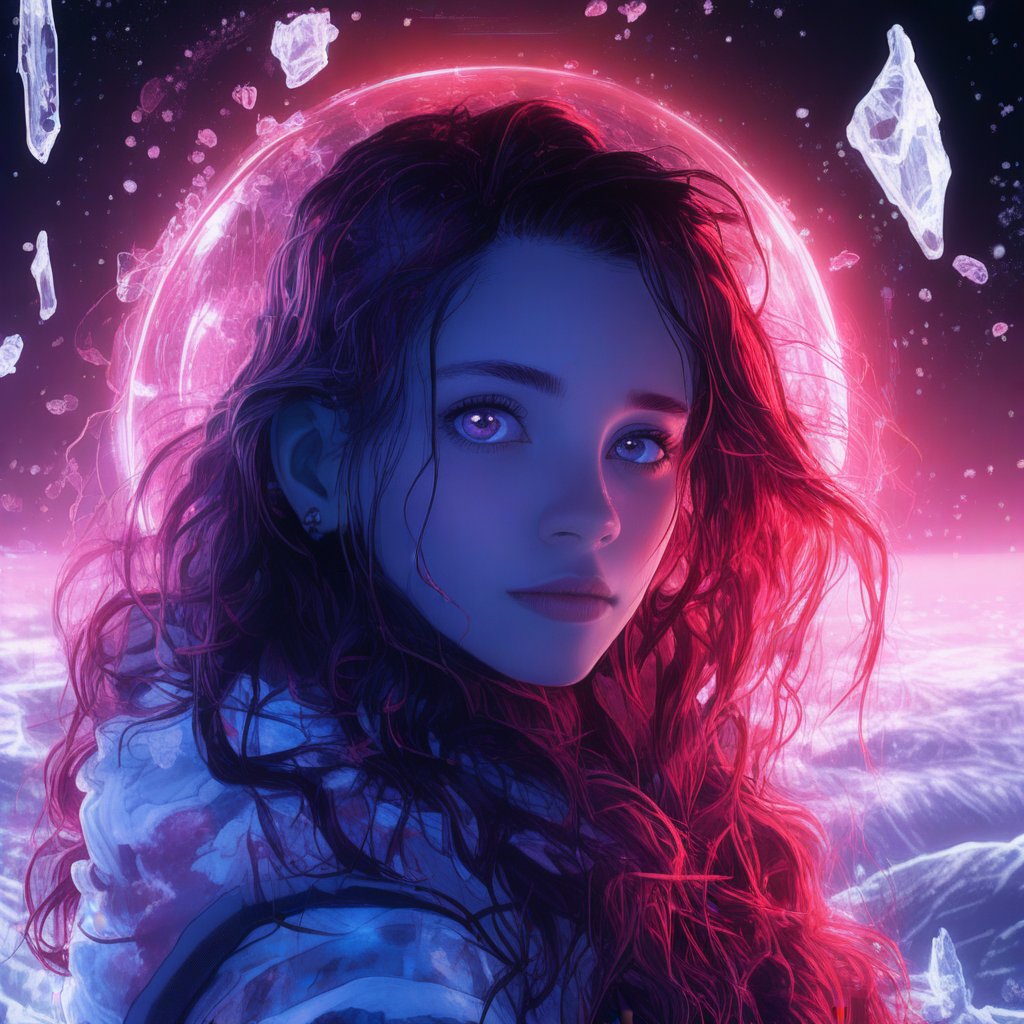 1 girl portrait, charming, nature, neon light, look at viewer,Anime Style, ice, space background,noc-space