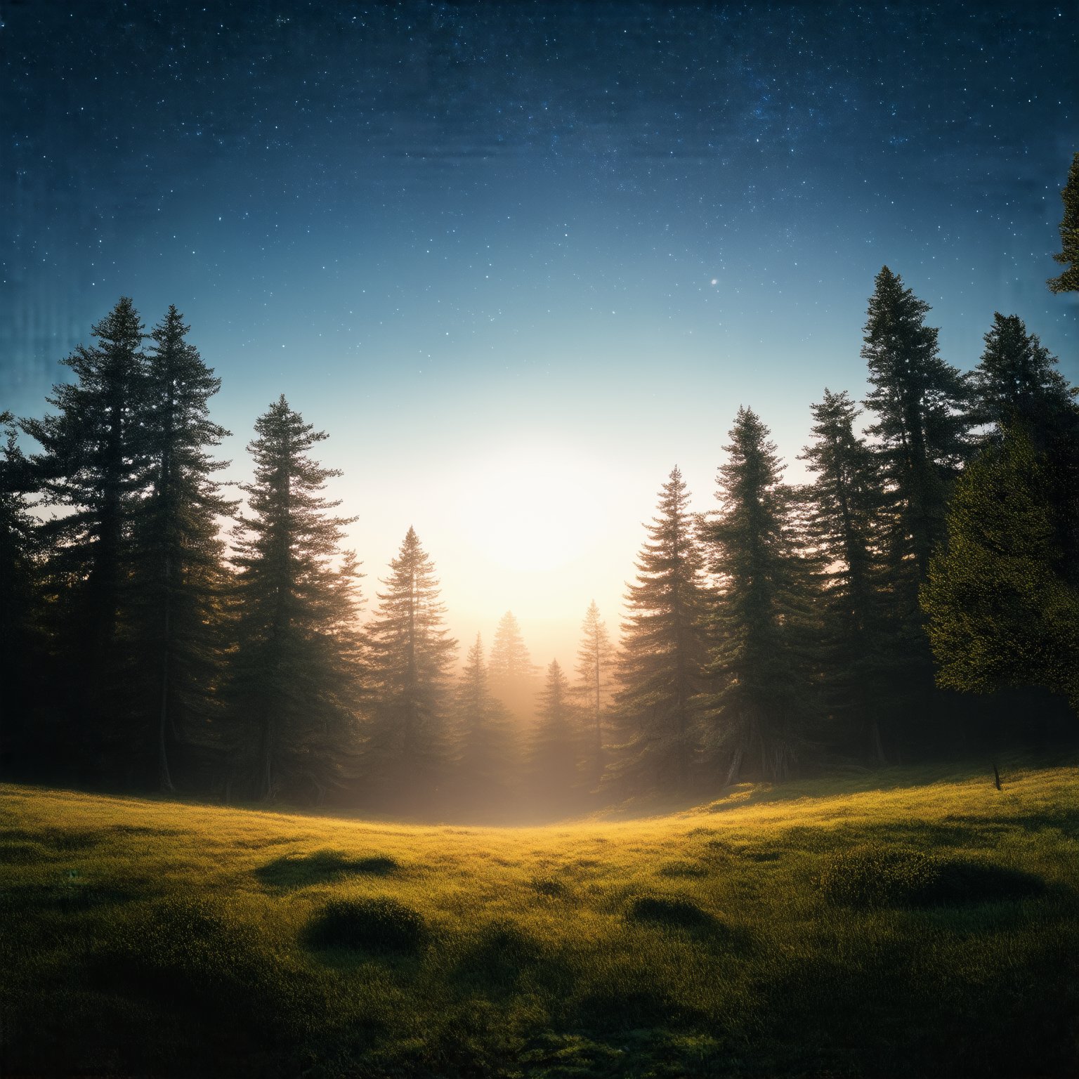 Dawn, intricate, recognizing the land, into the forest, only light of the stars, wonderful sky, view from the low, deep background, cinematic light. dynamic light