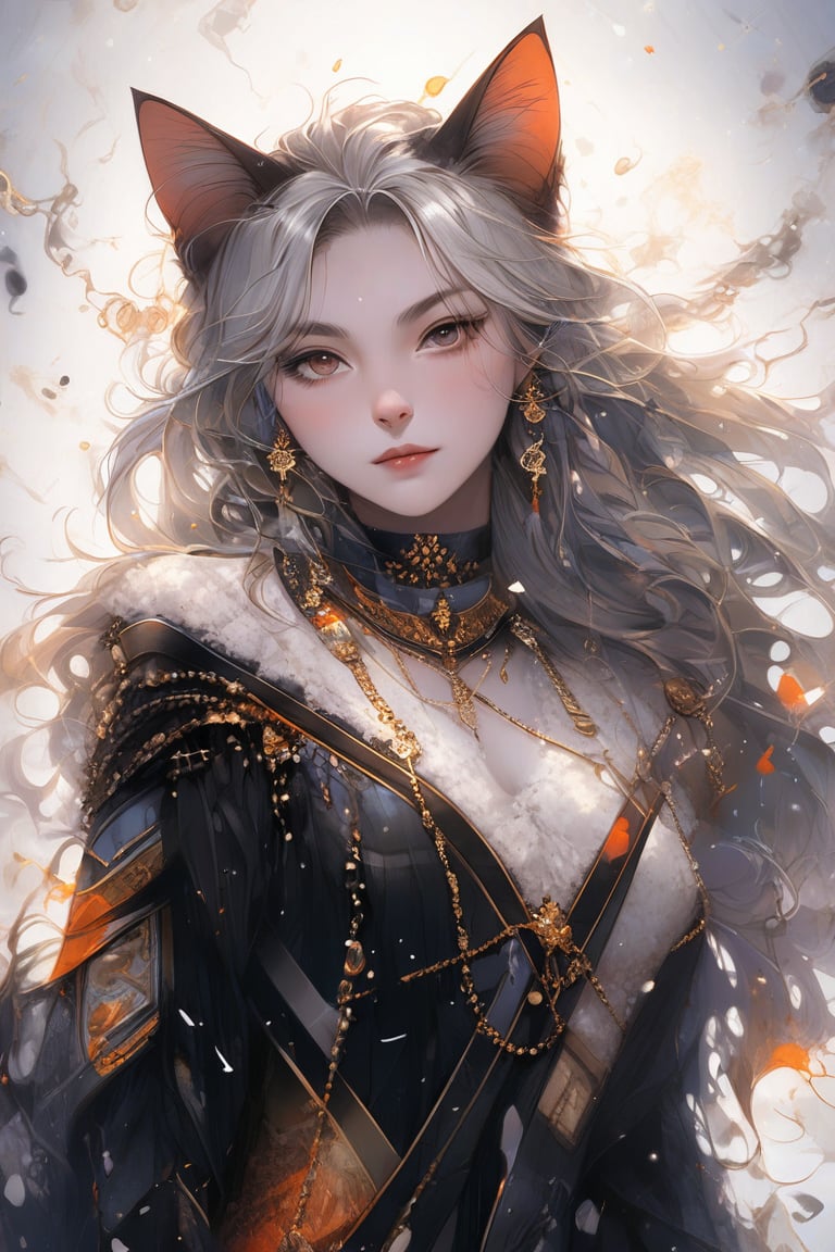 Beautiful girl, cat girl. She is very badass, she wears a very luxurious outfit. detailed image, detailed skin, upper body, looking at viewer. White background, ((masterpiece: 1.2)), light particles, ink droplets in background, Anime style.,midjourney,noc-space