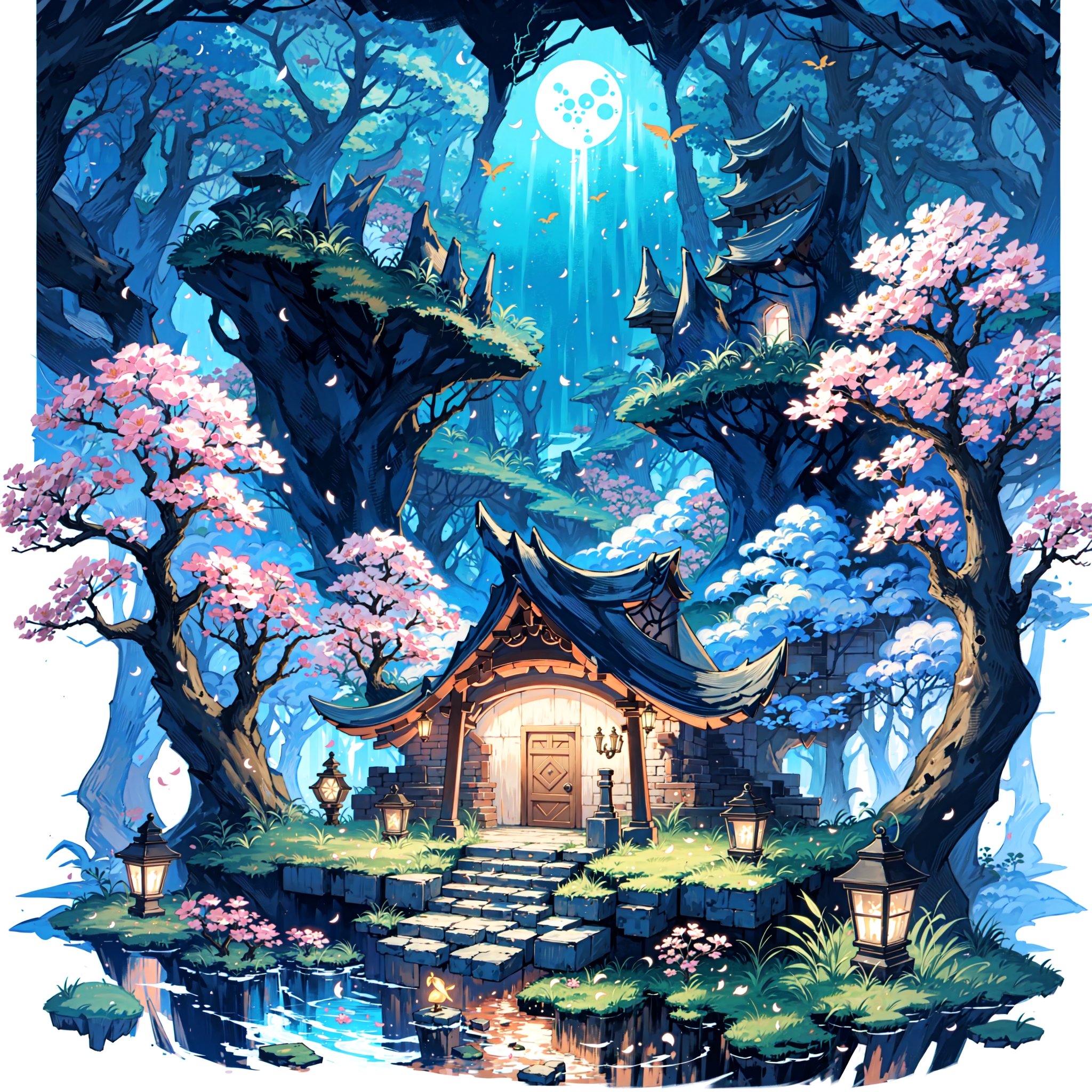 anime,  A magical night with fireflies dancing above a lush rice field,  A meandering cliff adds to the enchantment by noc...