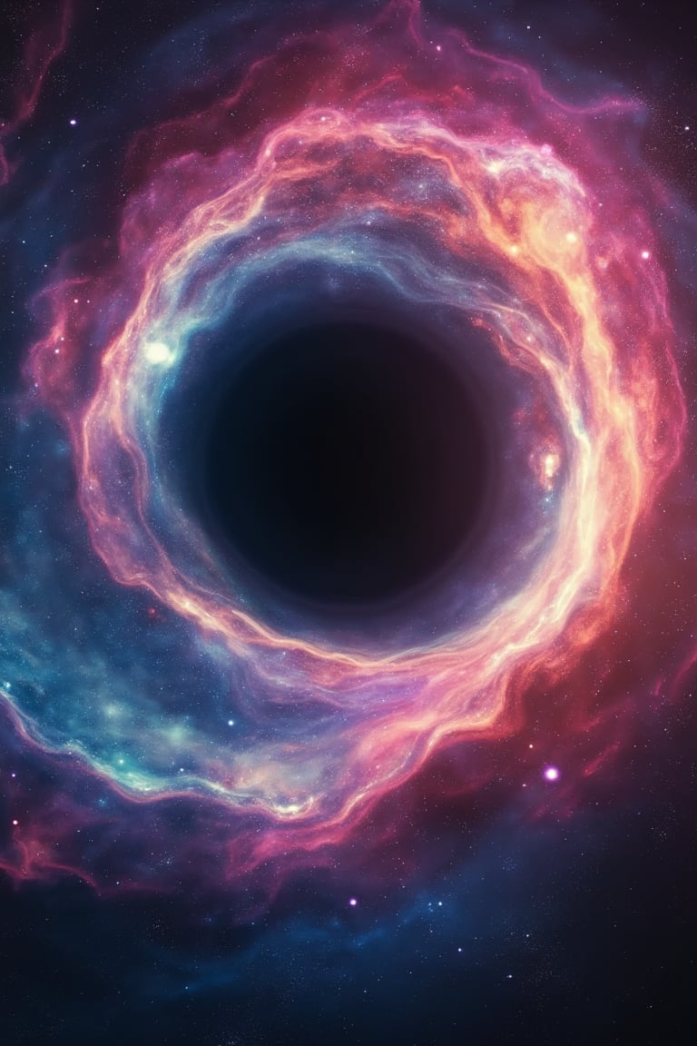 a front centered view of space nebula with beautiful colors,  at the center lies a giant black hole spiral.,  noc-fantasy...