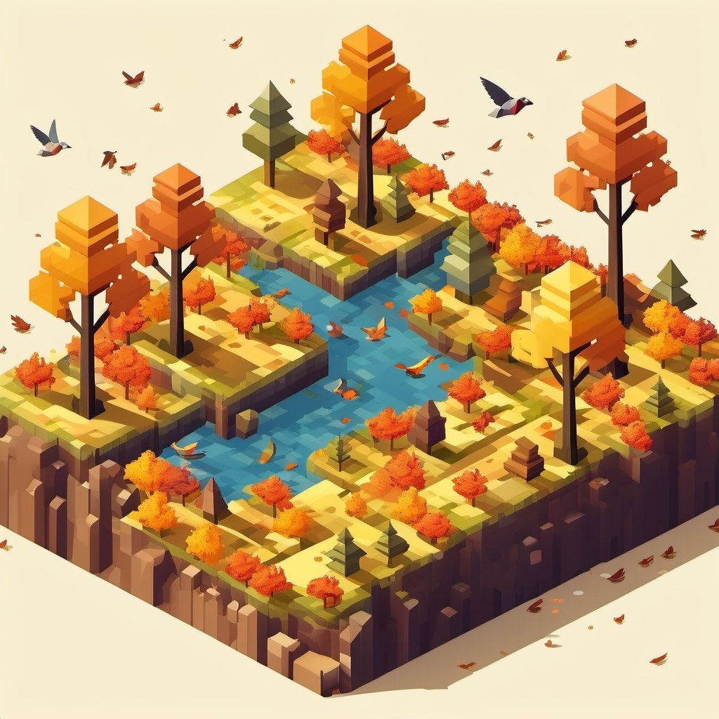 autumn in the afternoon in the forest forest many birds flying,  pixel style,  isometric style by nocor1i8 on Tensor.Art