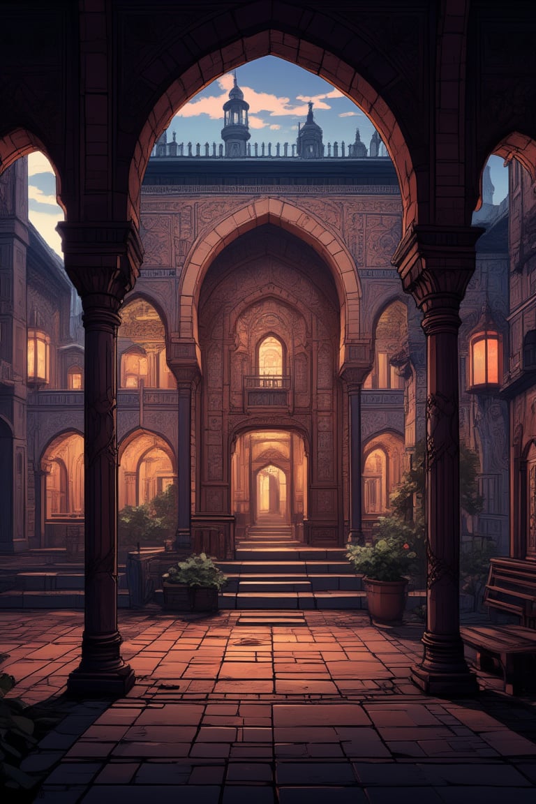 Masterpiece, professional, award-winning, intricate details, ultra high detailed, 64k, dramatic light, volumetric light, Awe-inspiring, twilight shot of the Alhambra palace in Granada, Spain, photorealistic, Moorish architecture, Nasrid dynasty, intricate tile work, peaceful courtyards, stunning sunset hues, cultural treasure,ek_art_b00ster,anime,illustrated,FluxBoost,noc-futuristic,midjourney,noc-detail