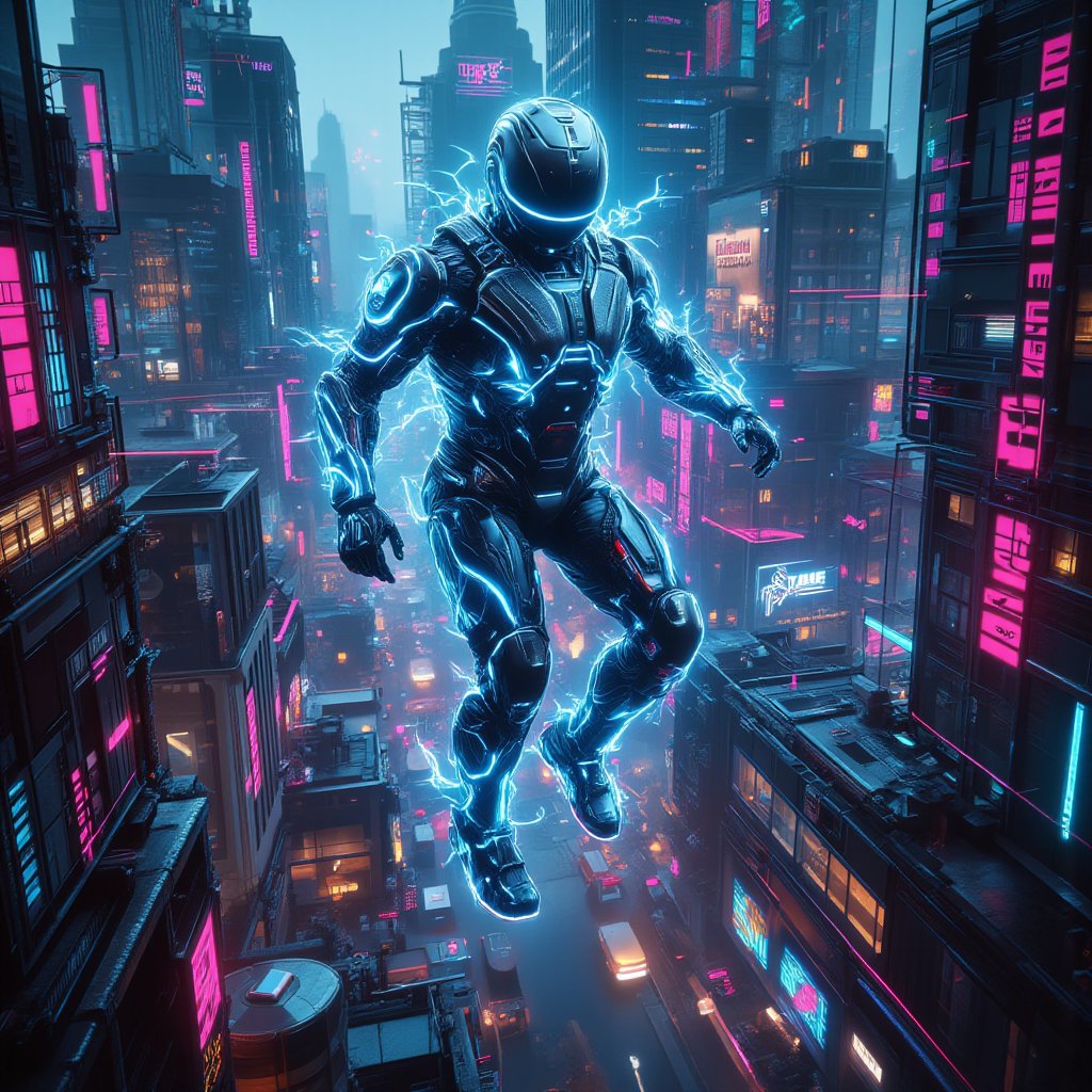 A cinematic masterpiece unfolds as our protagonist, a cybernetically-enhanced individual, leaps through the neon-drenched cityscape in a pulse-pounding, movie aesthetic action shot. Professional-grade lighting illuminates every intricate detail, from the character's upgraded exosuit to the urban landscape, with volumetric light casting dramatic shadows. Dynamic lighting effects amplify the scene's tension as our hero executes a gravity-defying parkour move, set against a backdrop of towering skyscrapers and bustling streets. The camera captures every ultra-high detailed aspect of this extreme full-body portrait, evoking a sense of photorealism in this cinematic game-inspired masterpiece.,noc-futuristic,noc-detail