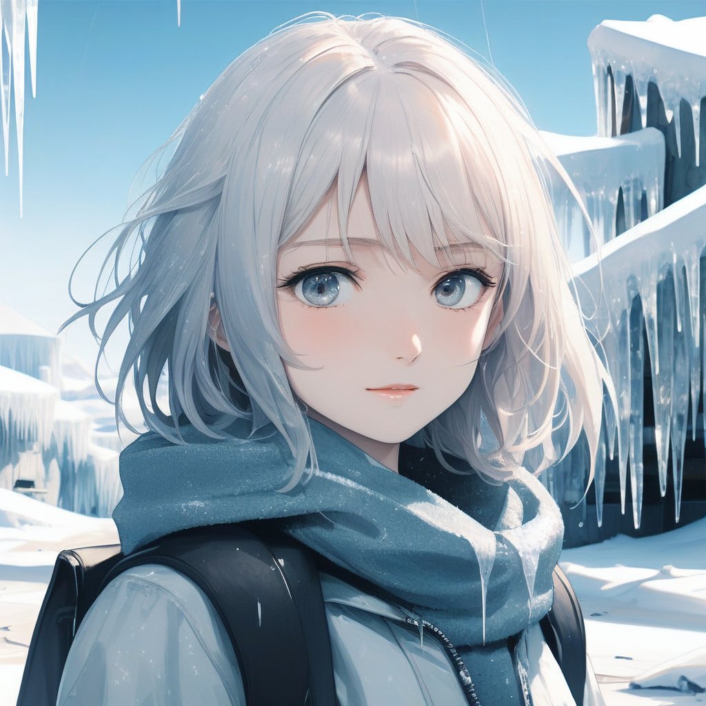 1girl, casual outfit, outdoors, looking at viewer, medium hair, close view,midjourney,anime,ice