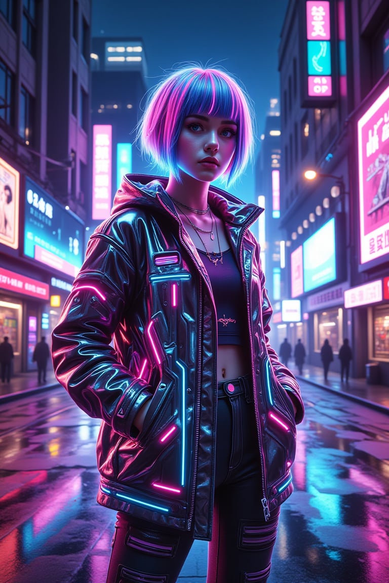 A stylish young woman standing in a futuristic city street at night, bathed in vibrant neon lights from surrounding billboards and signs. She has short, edgy hair with glowing streaks of neon pink and blue, and her reflective jacket shimmers under the lights. Her pose is confident, with one hand in her pocket and the other holding a futuristic device that glows softly. The neon signs around her pulse in shades of violet, teal, and magenta, casting colorful reflections on the wet pavement. The city's towering skyscrapers and holographic advertisements in the background create a cyberpunk atmosphere, blending modern style with the intense glow of neon technology