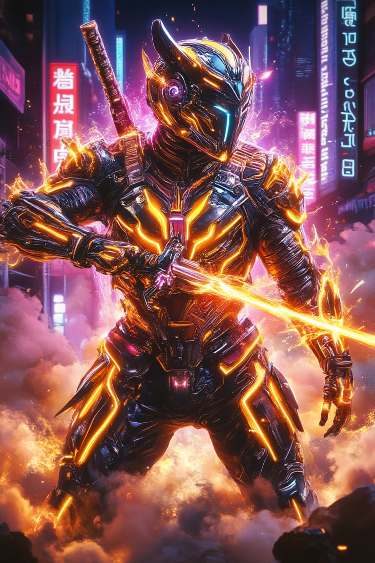 A futuristic Bobotflux samurai warrior with sleek gold and black armor reminiscent of wolverine's  suit slashes through a neon-lit urban cloudy battlefield at night. The scene is captured from a dynamic side-angle, highlighting the energy katana glowing with repulsor energy. Neon lights create stark reflections on the polished armor, with additional effects emphasizing the arc reactor glow on the chest plate. The background features blazing signs and digital billboards, all blurred to accentuate the samurai’s rapid movement. The neon-filled night sky enhances the overall futuristic, superhero atmosphere.,Fantasy detailers,Fantasy detailers,Fantasy detailers,,Fantasy detailers,