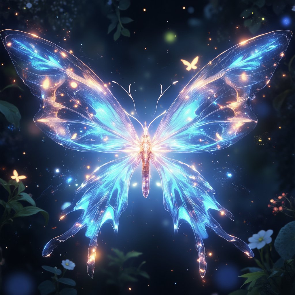 A delicate butterfly with iridescent wings, glowing with a soft, sparkling light, hovers gracefully in a serene, natural setting. The lighting is soft and ethereal, highlighting the intricate patterns and shimmering colors of the butterfly's wings. The composition is centered, with the butterfly in a gentle, floating pose, surrounded by lush greenery and soft, diffused light. The scene captures the beauty and magic of the glowing butterfly, with a focus on its delicate form and the enchanting glow.,anime,noc-detail