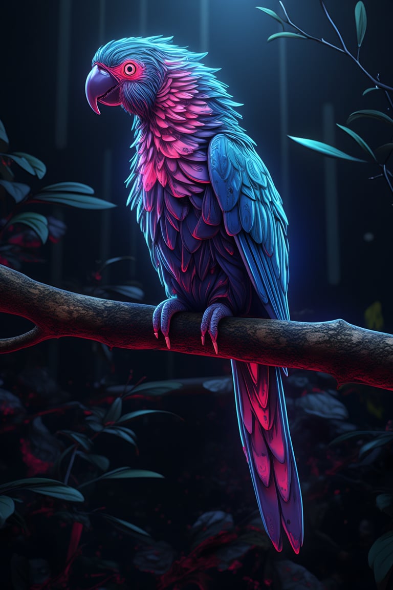 spectacular digital rendering of a neon parrot accurate lighting and shadows, 8k quality, intricate patterns, high-definition, glossy neon finish, vivid reflections, perfect lighting, in a jungle,midjourney