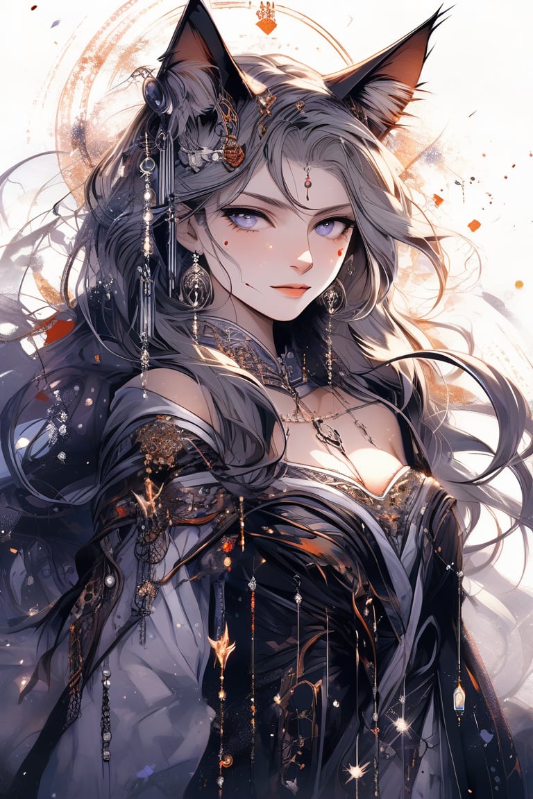 Beautiful girl, cat girl. She is very badass, she wears a very luxurious outfit. detailed image, detailed skin, upper body, looking at viewer. White background, ((masterpiece: 1.2)), light particles, ink droplets in background, Anime style.,midjourney,noc-space