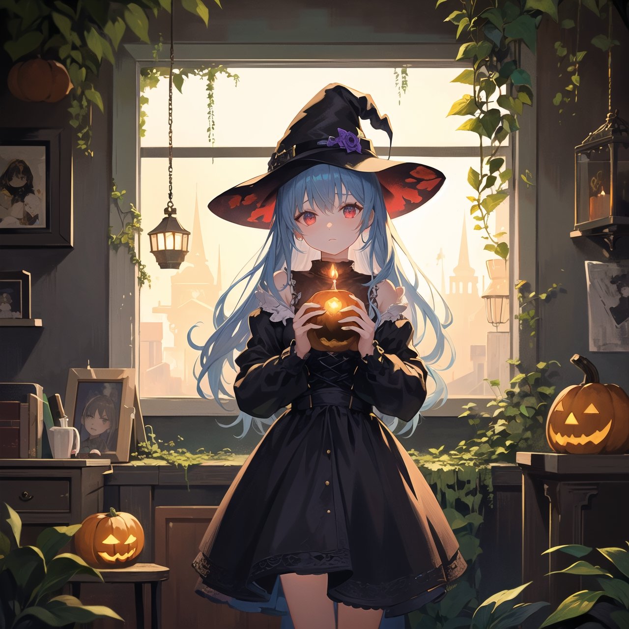 a girl in a Halloween costume,  standing in front of a haunting house adorned with eerie decorations. The girl's costume i...