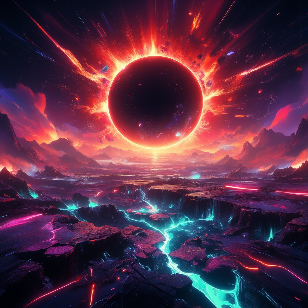 "An apocalyptic scene where the sky is dyed in dramatic colors: deep shades of red, purple and orange illuminate the horizon, mixing with shadows of black and dark gray. In the center, a sun collapsing into a black hole, surrounded by fragments of stars falling from the sky like dust. The earth below is full of cracks that emit flashes of blue and neon green light, like the last vestiges of life escaping the planet. In the distance, mountains crumbling and an ocean in apocalyptic calm, tinged with colors. dark and bright at the same time."

This approach mixes the chaos of the end with intense, vibrant colors that evoke both destruction and beauty.,midjourney,noc-futuristic,niji,noc-detail