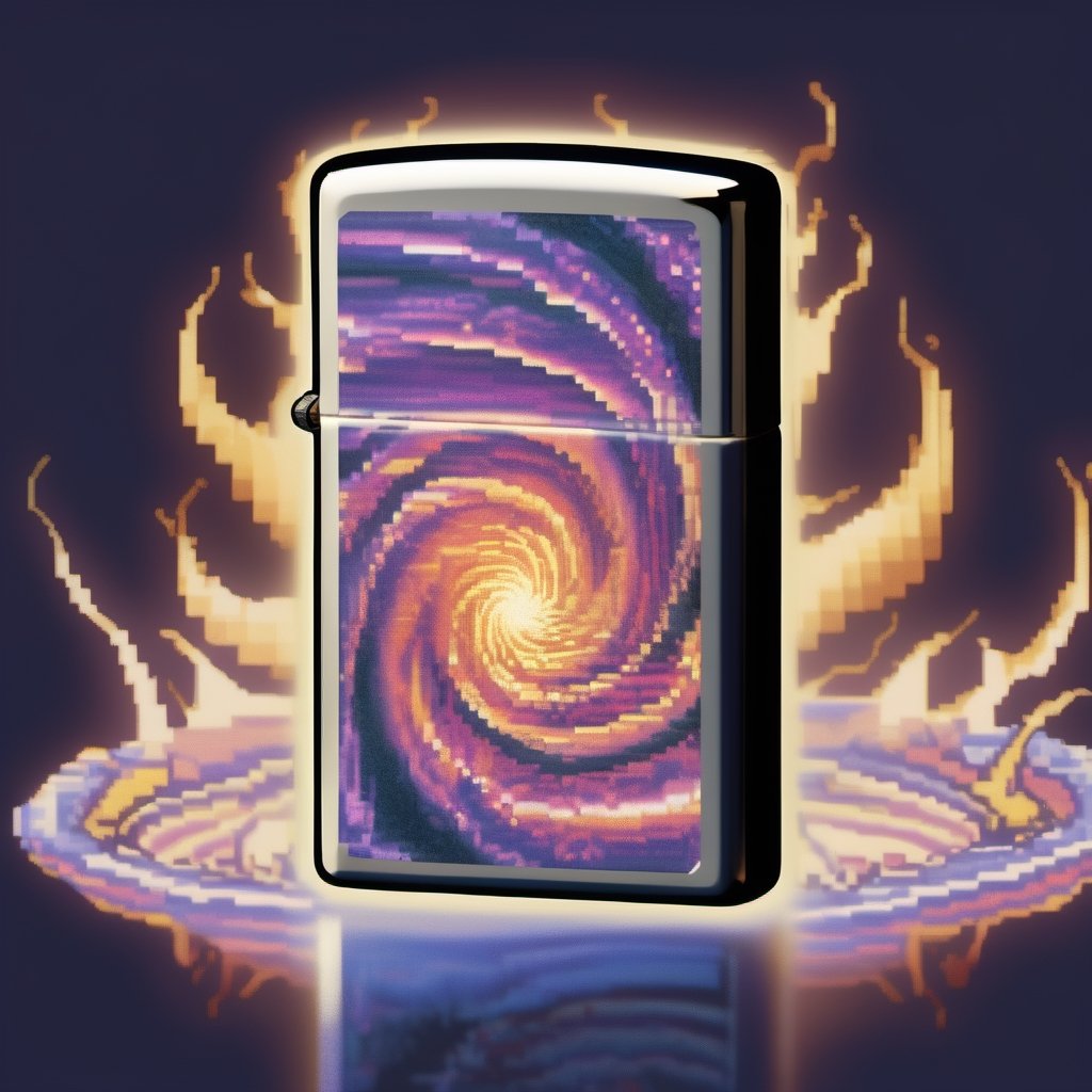 A Zippo made of enchanted glass, containing a swirling vortex that seems to lead to another dimension, enchanted glass:0.9, swirling vortex:0.8, another dimension,pixel style