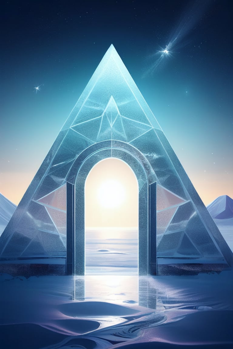 ice, In the (heart) of an ethereal landscape, a triangular portal integrating with the serene surroundings of a celestial realm. The mystical air and twilight rays penetrating the glassy surface, crafting a hypnotic display of illumination and shadow. deep focus, simple illustration, some silver details, Wonder, Twilight