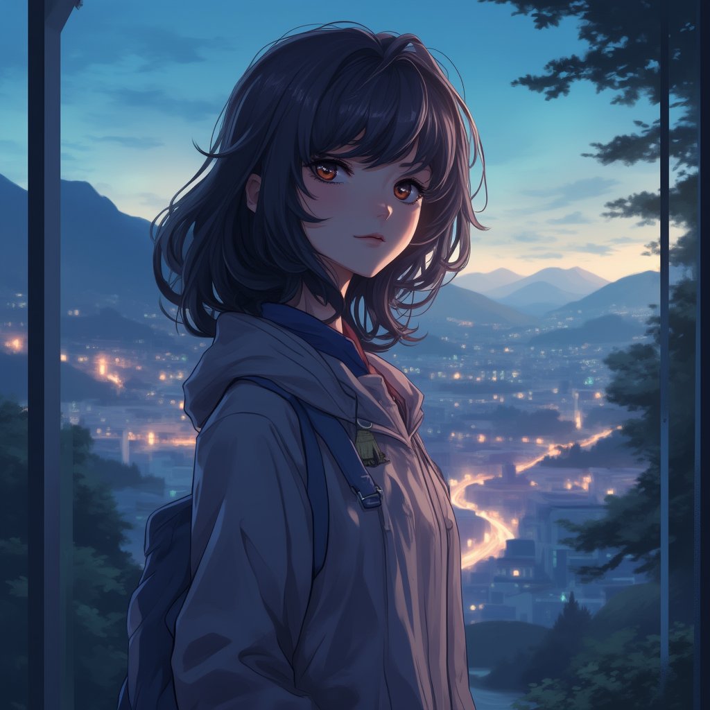 1girl, casual outfit, outdoors, looking at viewer, medium hair, close view,midjourney,anime,noc-lofi