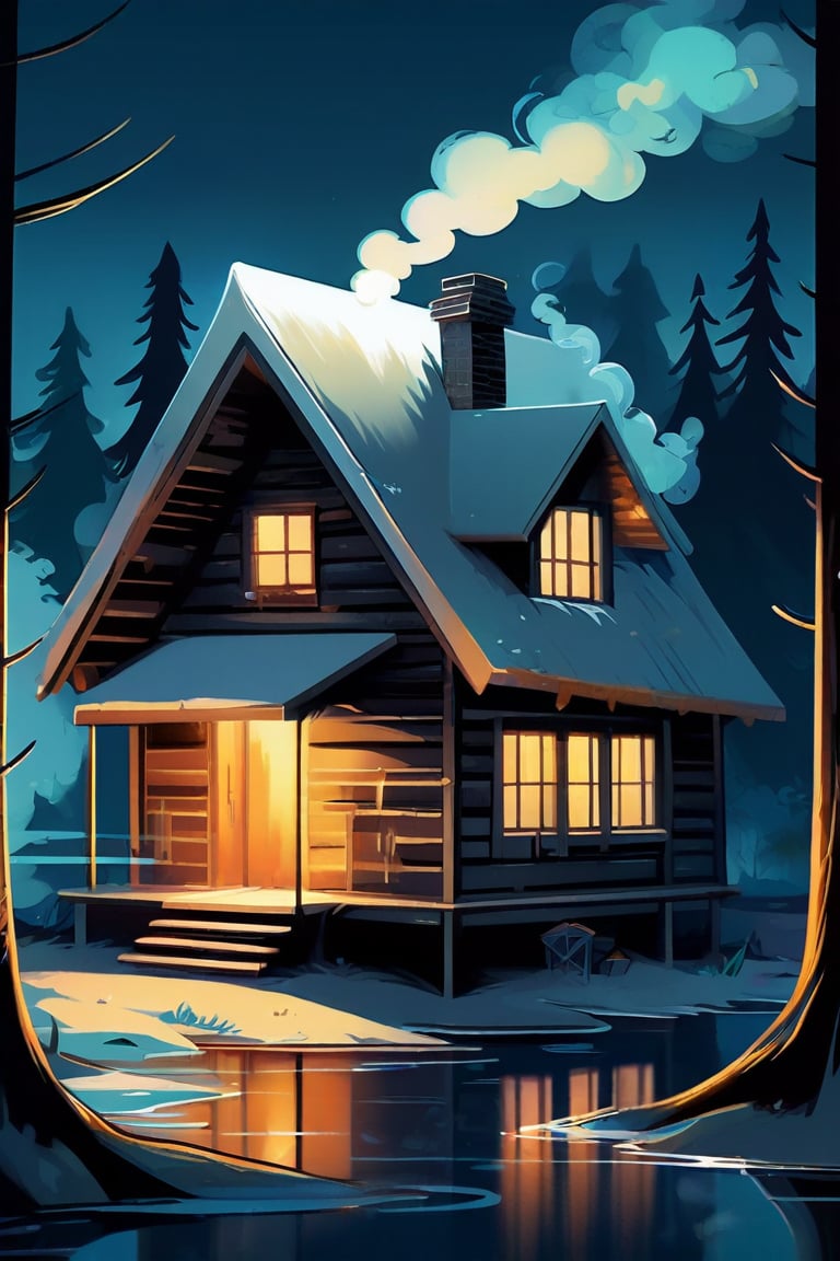 Secluded Cabin: A cozy, secluded cabin in the woods, with smoke rising from the chimney and a serene lake nearby. vignette,unique, masterpiece, 1 of 10000, most worth piece of art,midjourney,anime