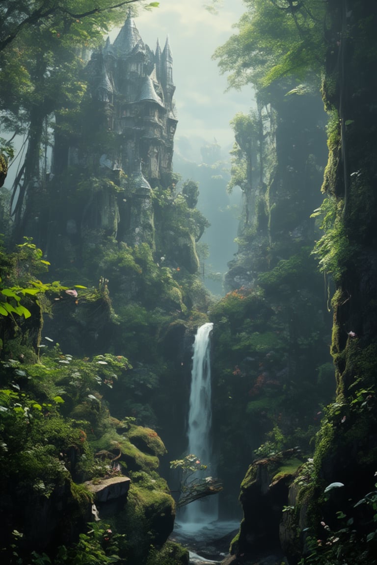 masterpiece, uhd, absurdres, 8K, A majestic castle stands proudly with moss-covered rocks in a lush forest. Towering trees, their trunks adorned with vines and epiphytes, stretch towards the sky as ferns and wildflowers dance in the misty veil. The lighting is soft and mystical, with shafts of sunlight filtering through the canopy above. In the distance, misty mountains rise into the clouds, while the forest floor is carpeted with a tapestry of moss and leaves. The composition is balanced by the waterfall's central axis, drawing the viewer's eye towards the serene atmosphere.,midjourney,noc-futuristic,noc-detail