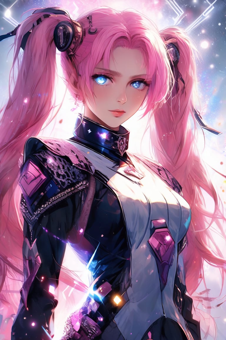 Beautiful girl. She is very badass, she wears a very luxurious outfit. detailed image, detailed skin, upper body, looking at viewer, twintails cut. Pink hair, blue eyes. White background, ((masterpiece: 1.2)), light particles, light particles in background, Anime style.,noc-futuristic,anime,midjourney,noc-space