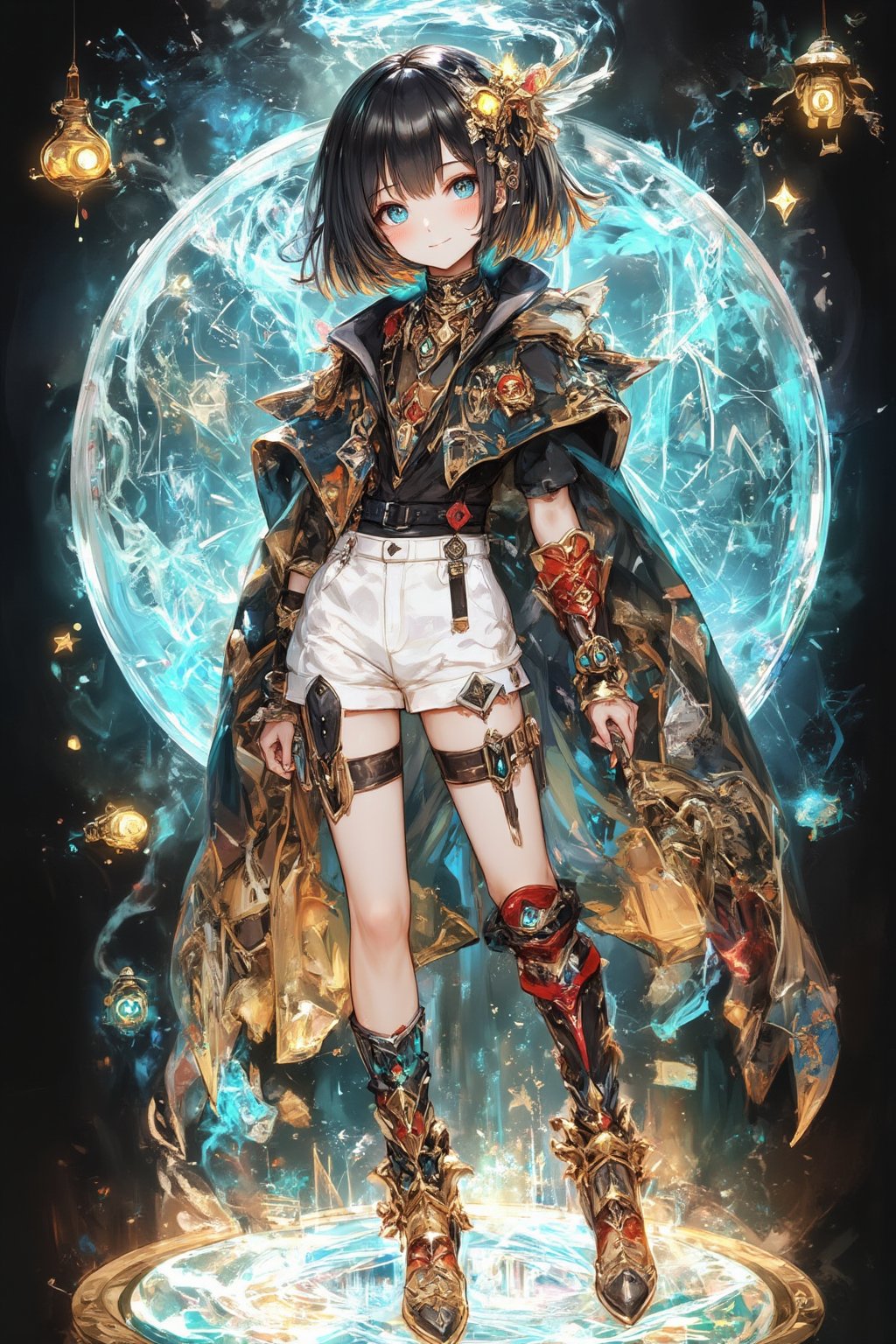 1girl,Anime-style illustration of a cheerful young alchemist girl, short black hair with ahoge, blue eyes and a bright smile. Tribal face paint: delicate white swirls around eyes and cheeks. Outfit: white shorts, black and gold jacket, red arm wraps, magical items floating around: glowing potion bottles, small creatures, Accessories: star-shaped hair clip, unique high-heeled boots (blue, gold, red), Pose: facing the viewer, Color palette: black, white, gold, red, blue accents. Style: clean lines, vibrant colors, details. Background: beautiful waterfall pool. lush greenery, sparkling water, misty air. Lighting: soft, magical light emanates from both the character and the waterfall. Mood: fun, mysterious, adventurous. Key details: smoke coming from the potion, floating stars, intricate design on the clothing. Overall: a charming blend of magic, science and nature in an energetic character design. ,dal,Fantasy Girl,dal,fantasy girl,Flat Anime Niji Style,anime