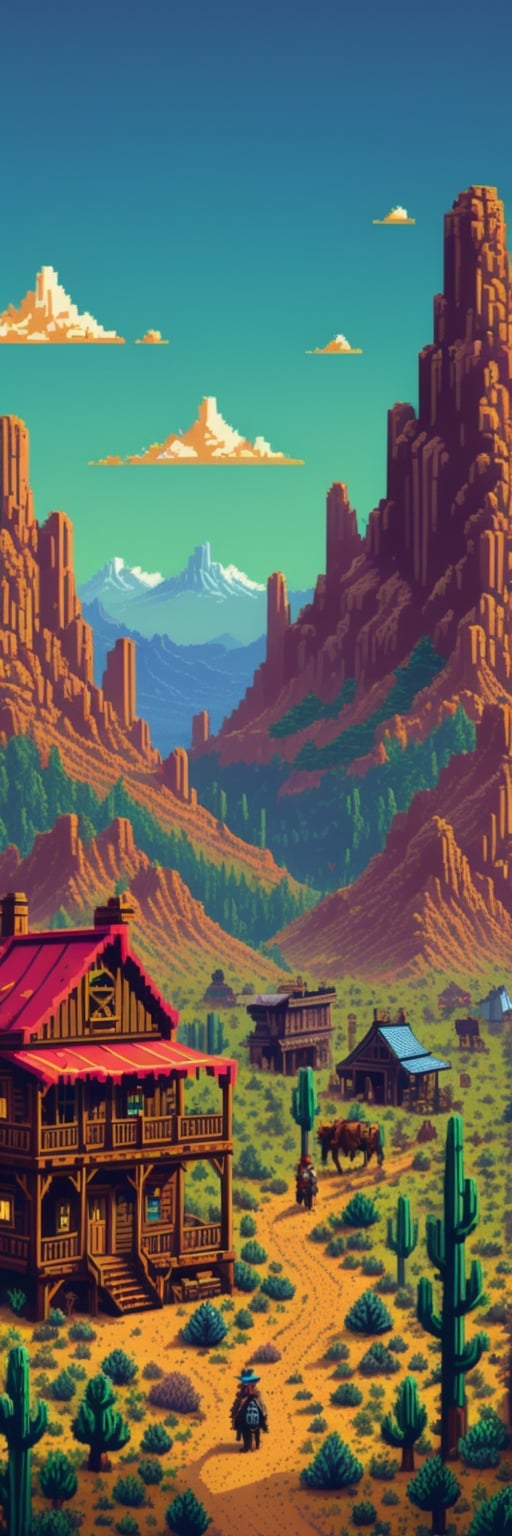 Pixel-Art Adventure featuring a  vibrant 8-bit environment, reminiscent of classic games.,Leonardo Style
helena Montana, wild west, old Western movie,pixelartstyle