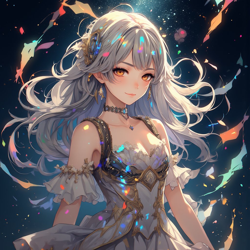 A girl with a dreamy smile, her hair waving in random blue and gold gradations, and wearing a dress with frills that sparkle like crystals. A rainbow-colored light effect spreads around her, and a fantastic night view of the starry sky spreads out in the background. The camera angle has a soft lens effect, and her figure appears vaguely, as if in a dream. The edges of the screen are decorated with twining ribbons of light. ,acryli painting,Anime style,1girl_Anime,midjourney,anime