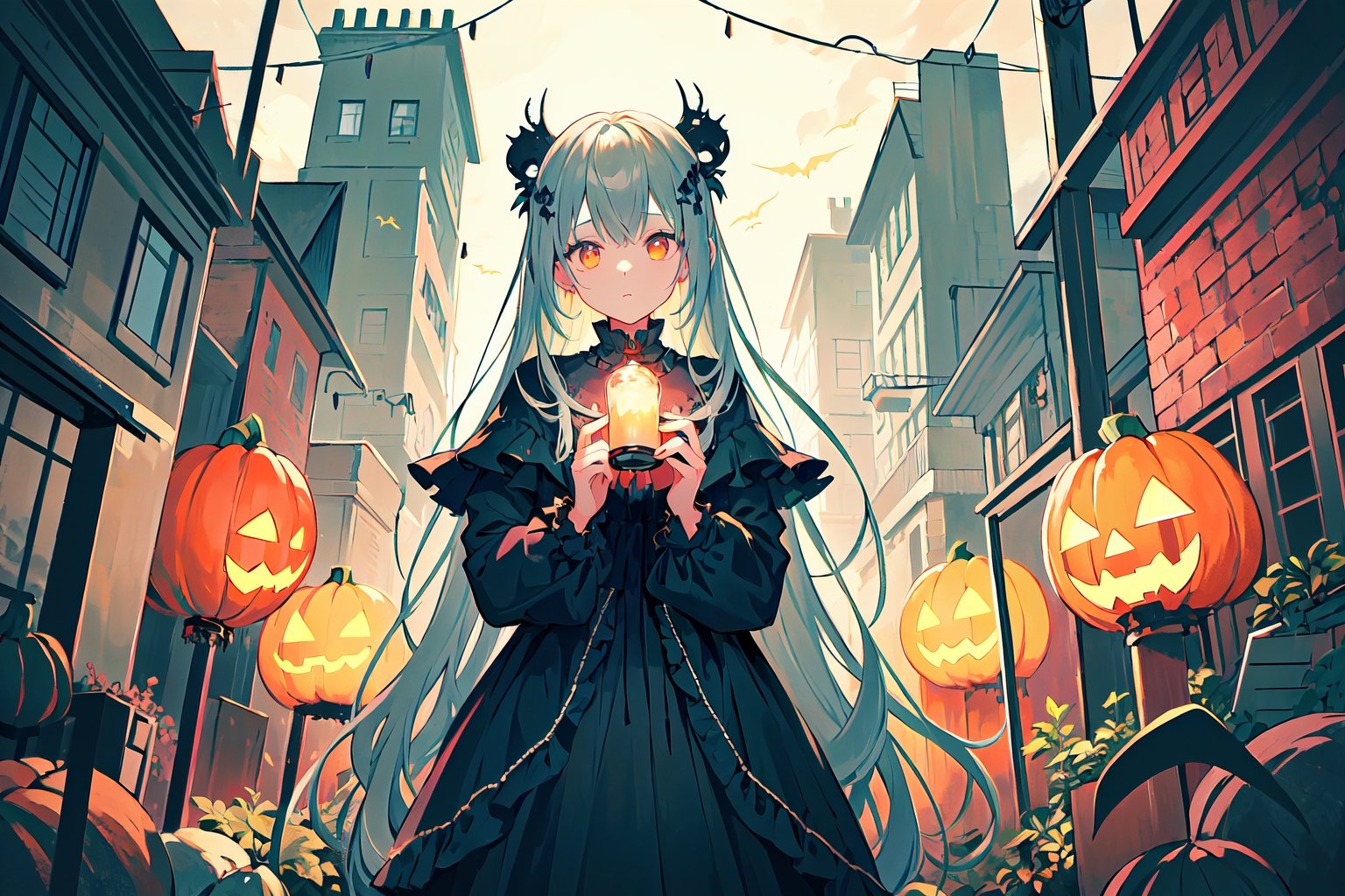a girl in a Halloween costume,  standing in front of a haunting house adorned with eerie decorations. The girl's costume i...