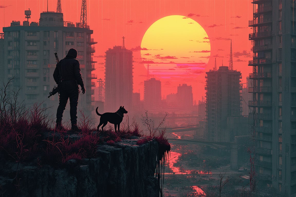 Urban landscape in an apocalyptic setting, overgrown with creeping plants reminiscent of The Last of Us game. A figure stands confidently, holding a weapon, accompanied by a dog. The scene is viewed from a cliff, capturing the stunning backdrop of a retro-style sun setting, with an 80s retro vibe and aesthetic. Ink brushstrokes in the background add depth, while rain gently falls, enhancing the atmosphere.,noc-fantasy