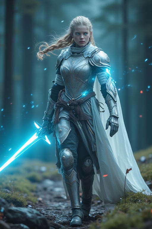 1girl,solo,royal knight,//,blonde_hair:1.3, long hair,(single braid),horse_ears,forehead,horse_tail, detailed eyes, blue eyes,(glowing eyes), eyes with light_particles,glow_in_the_dark,//,detailed white armor,white cloak,gauntlets,leather_belt,//,angry, serious,disgusted face, shadow on face,shaded face, closed_mouth,looking_at_viewer,//, holding sword, battle stance, walking, straight-on, cowboy_shot,upper_body,//, forest, motion_blur, blurry_background,Medieval,glowing sword,noc-futuristic