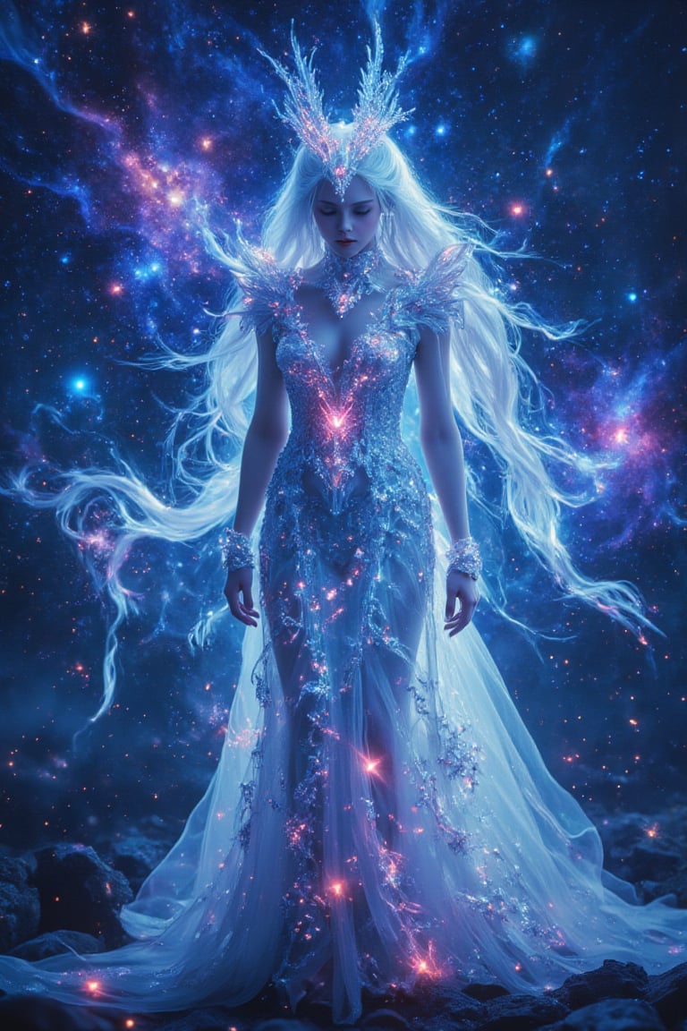 Beautiful female elf, elf with long silver hair, elf in beautiful white wedding dress, surreal photo, fantasy castle, neon colors, high contrast, fantasy, realistic details, high resolution, lord of the rings, maverick, movie stills, movie stills, beautiful western castle in the background, nebula, galaxy in the background, light, electric arc,noc-detail