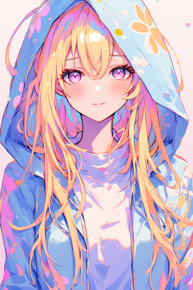 japanese cool anime,1girl,long blonde hair, Colorful pop art, , brightly, Beautiful purple Eyes, light blue hood with white flower logo, maximalism designemo, dal-6 style, Color Splash,upper body.niji,noc-detail