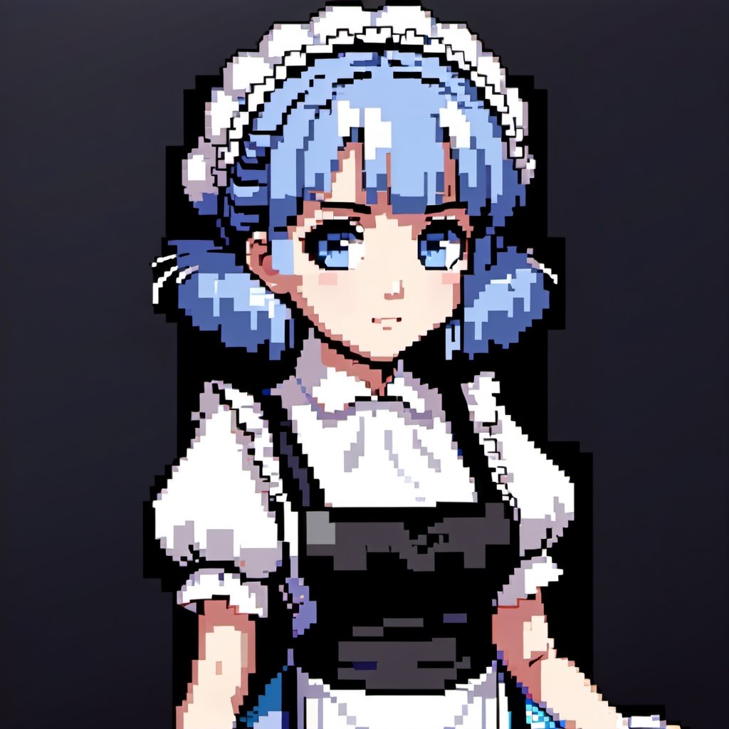 (Rem solo character) (Solo character) (Rem character) (Blue Hair) (Short Hair) (Her bangs cover one eye) (Blue Eyes) (Beautiful Eyes) (Sparkling Eyes) (Tall Body) (Pretty Pose) (Wearing Maid's Dress) (Black and White Background) (Chibi,pixel style