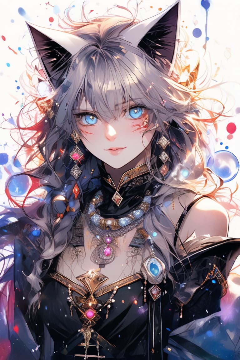 Beautiful girl, cat girl. She is very badass, she wears a very luxurious outfit. detailed image, detailed skin, upper body, looking at viewer. White background, ((masterpiece: 1.2)), light particles, ink droplets in background, Anime style.,midjourney,noc-space