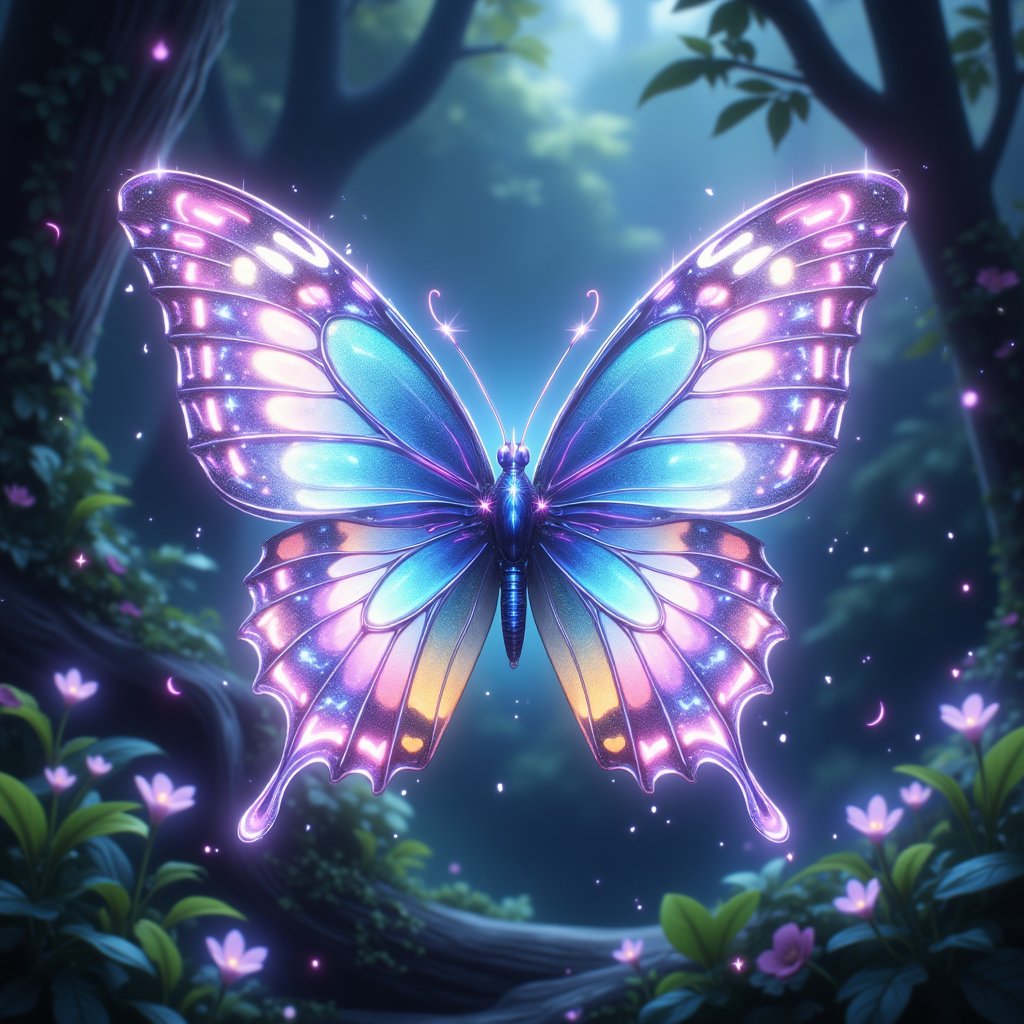 A delicate butterfly with iridescent wings, glowing with a soft, sparkling light, hovers gracefully in a serene, natural setting. The lighting is soft and ethereal, highlighting the intricate patterns and shimmering colors of the butterfly's wings. The composition is centered, with the butterfly in a gentle, floating pose, surrounded by lush greenery and soft, diffused light. The scene captures the beauty and magic of the glowing butterfly, with a focus on its delicate form and the enchanting glow.,anime,noc-detail