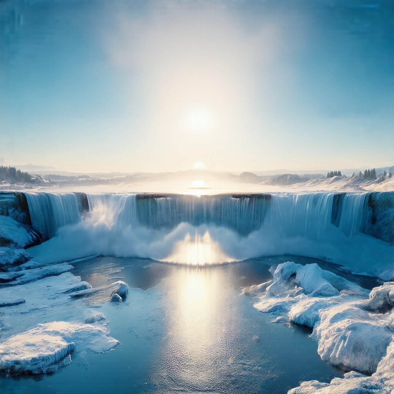 ice, Majestic waterfall glistening under the sun, water vapor rising, vibrant nature backdrop, dynamic composition, soft sunlight illuminating the scene, serene atmosphere.