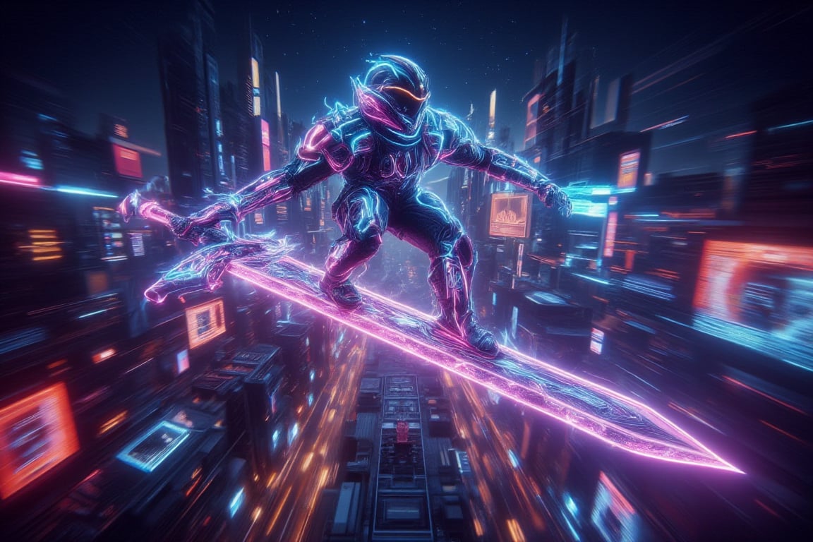 A warrior with a glowing neon wireframe flying crystal sword rides through a futuristic cityscape at midnight. The scene is captured from a low-angle shot, highlighting the luminescent patterns on the sword. Neon lights create vibrant reflections on the warrior's armor, with light trails emphasizing the speed of flight. The background features towering skyscrapers and holographic billboards, all blurred to accentuate the warrior's movement. The starry night sky enhances the overall cyberpunk atmosphere.,Neonwireframe,ridingsword,Crystal Sword