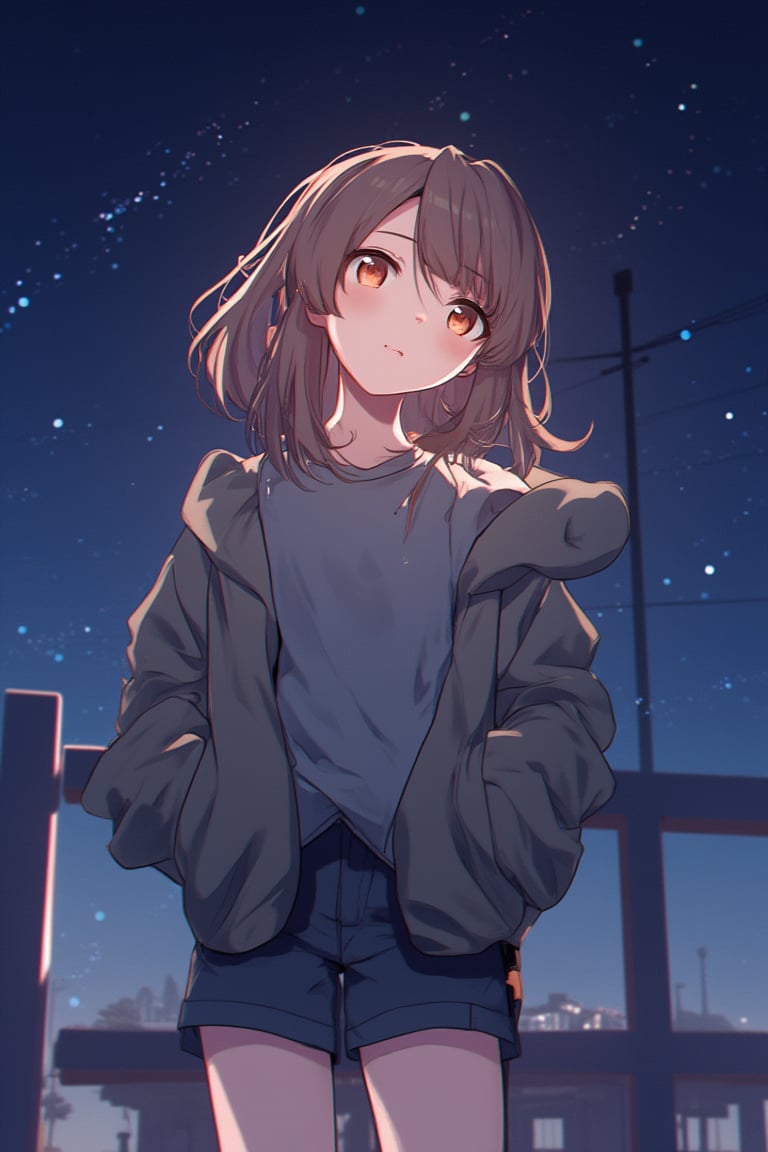 1girl, long hair, casual outfit, outdoors, looking at viewer, medium hair, close view,starry sky, sky, night,niji