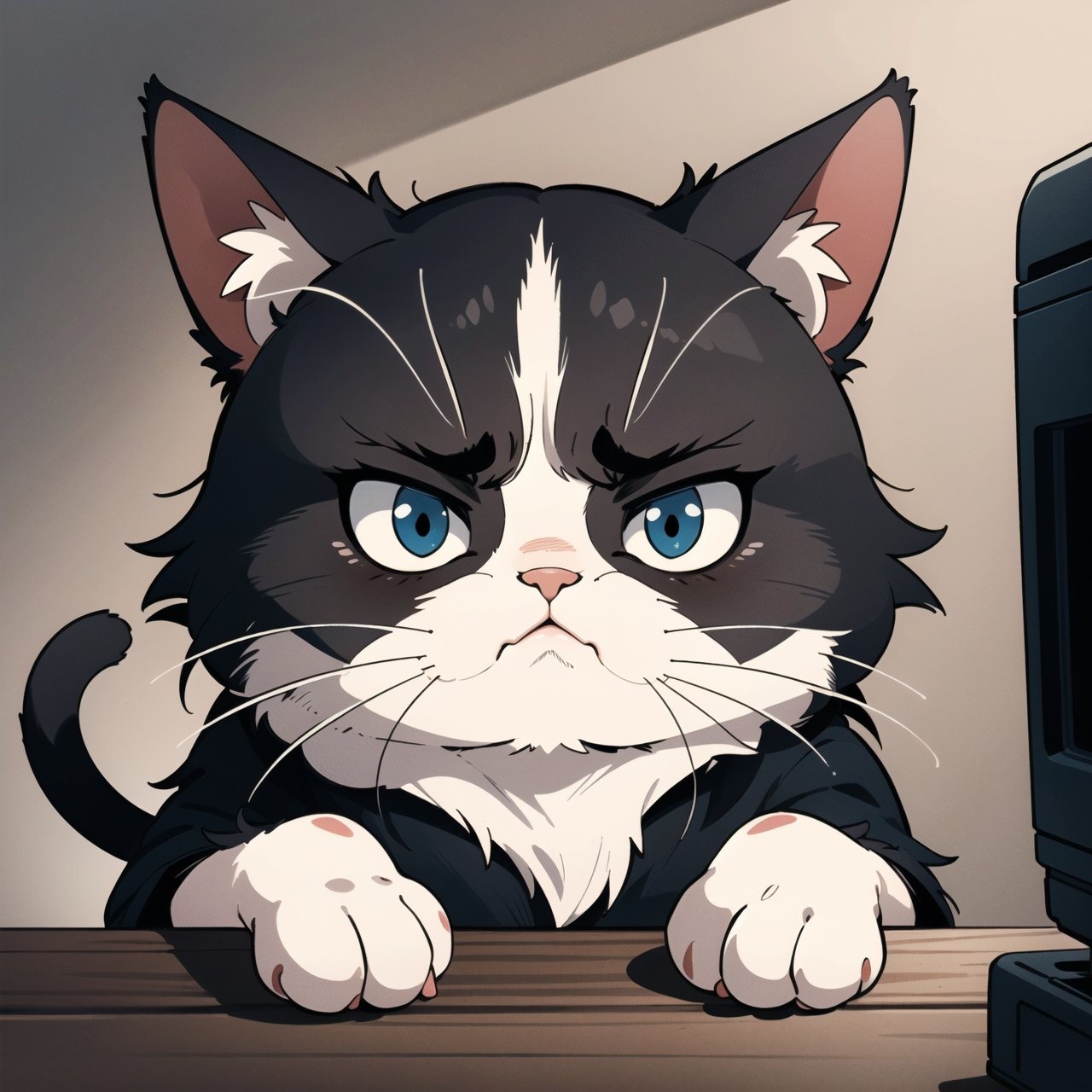 "Produce a super realistic image capturing the epitome of feline grumpiness. Depict the cat with a perfectly detailed scow...