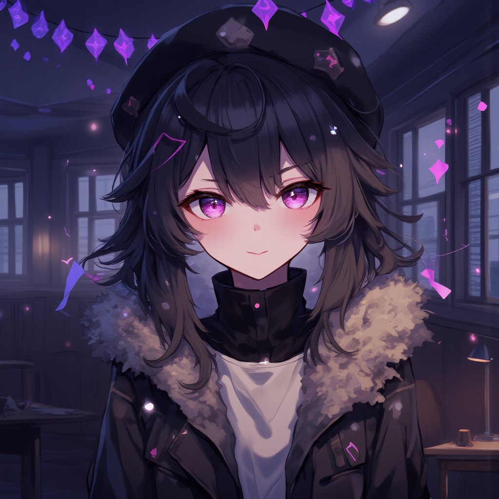 masterpiece, best quality, highres, detailled eyes, 1girl, (upper body), furina, hat, looking at viewer, sitting, sulky expression, open mouth, detailled background (school, at night, bedroom, desk, table lamp),,niji,noc-detail,anime