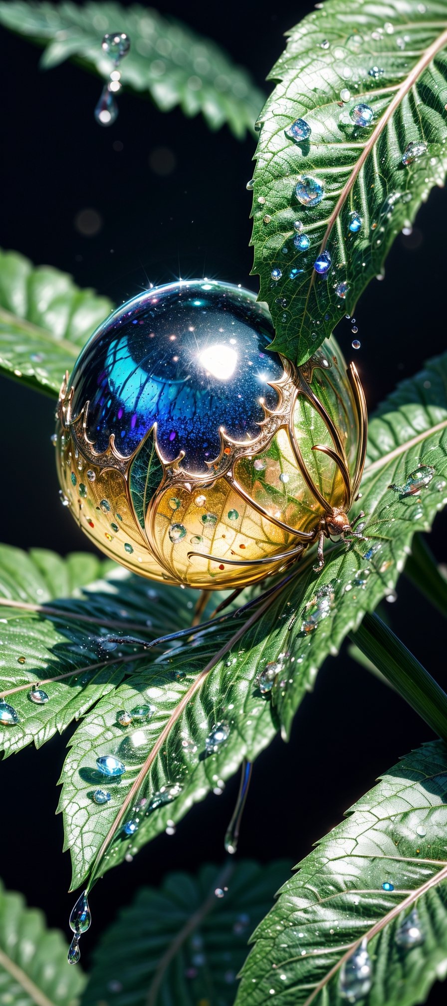 a beautiful,  high-quality HDR image: "Imagine a captivating scene in nature: a lush,  vibrant leaf glistening with the mo...
