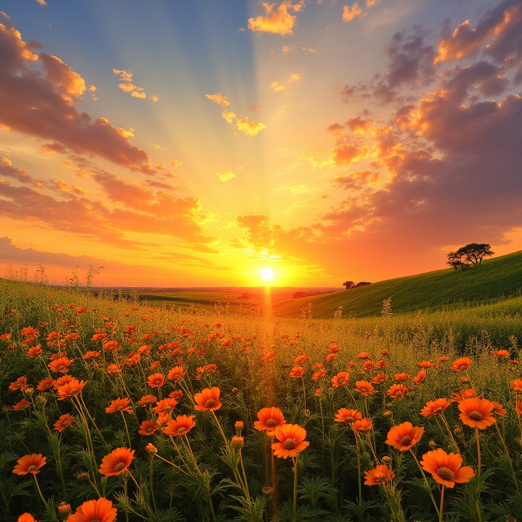 masterpiece, best quality, aethetic, vibrant sunsets, blooming wildflowers