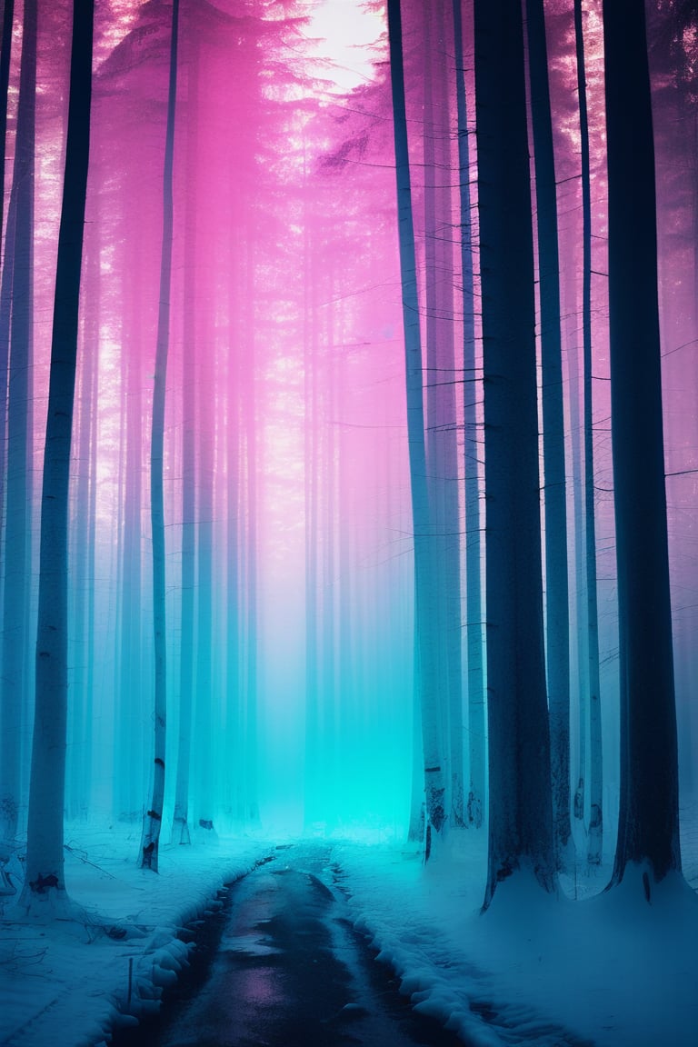 neon, glow, forest, double Exposure,ice