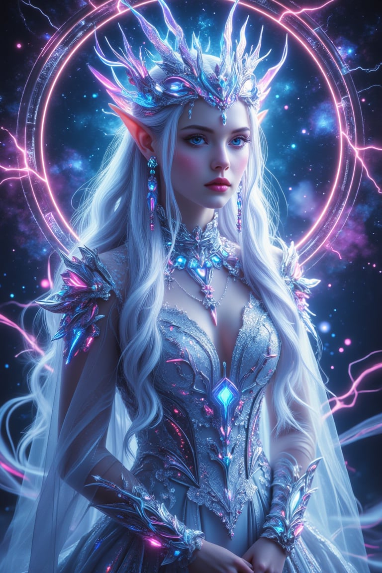 Beautiful female elf, elf with long silver hair, elf in beautiful white wedding dress, surreal photo, fantasy castle, neon colors, high contrast, fantasy, realistic details, high resolution, lord of the rings, maverick, movie stills, movie stills, beautiful western castle in the background, nebula, galaxy in the background, light, electric arc,noc-detail